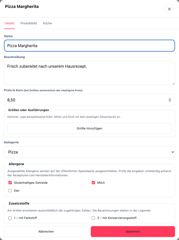 Gerichtsbearbeitung im Reiter Details mit getrennten Auswahlfeldern für Allergene und Zusatzstoffe anhand fiktiver Produktdaten.