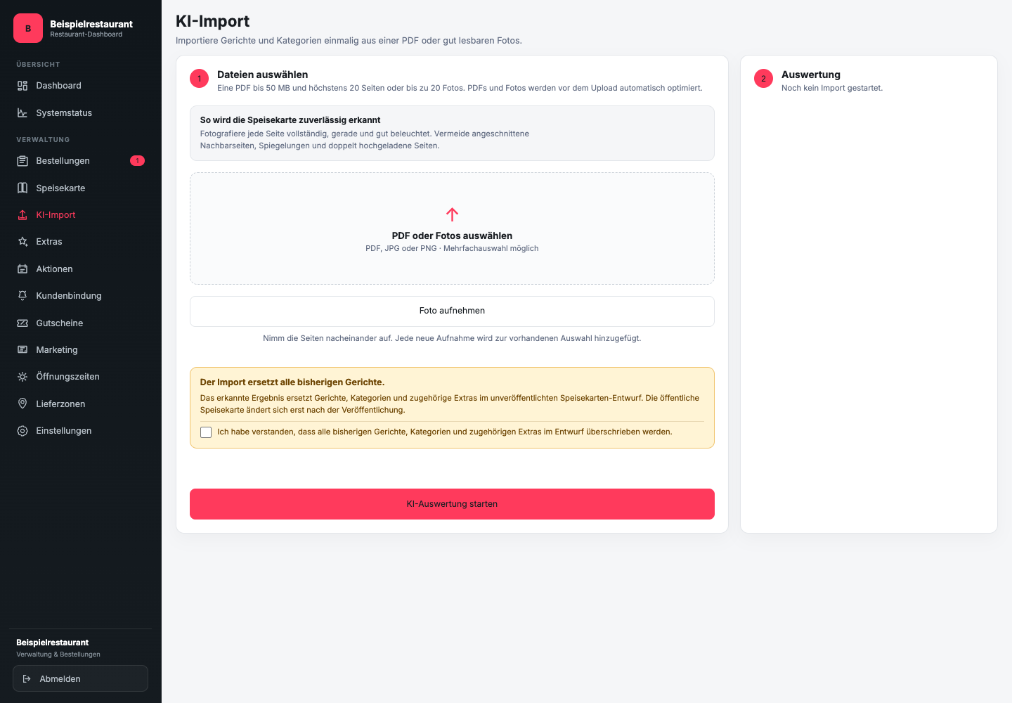 Aktueller KI-Import mit Dateiauswahl für PDF oder Fotos, Aufnahmefunktion und Hinweis auf das Ersetzen des Speisekartenentwurfs.