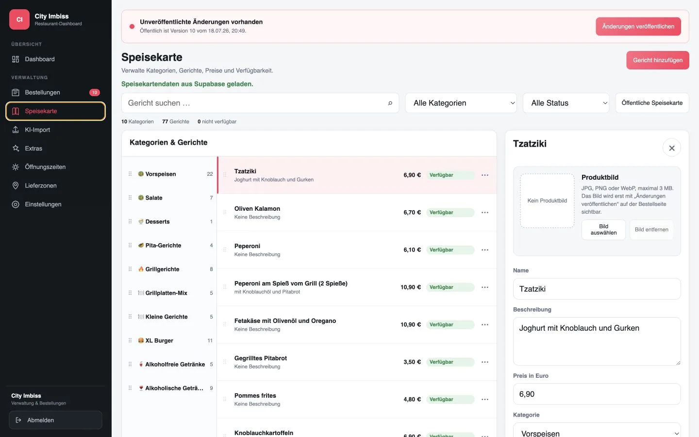 Echte gastrosprint-Speisekartenverwaltung mit Kategorien, Gerichten, Preisen und Bearbeitungsformular