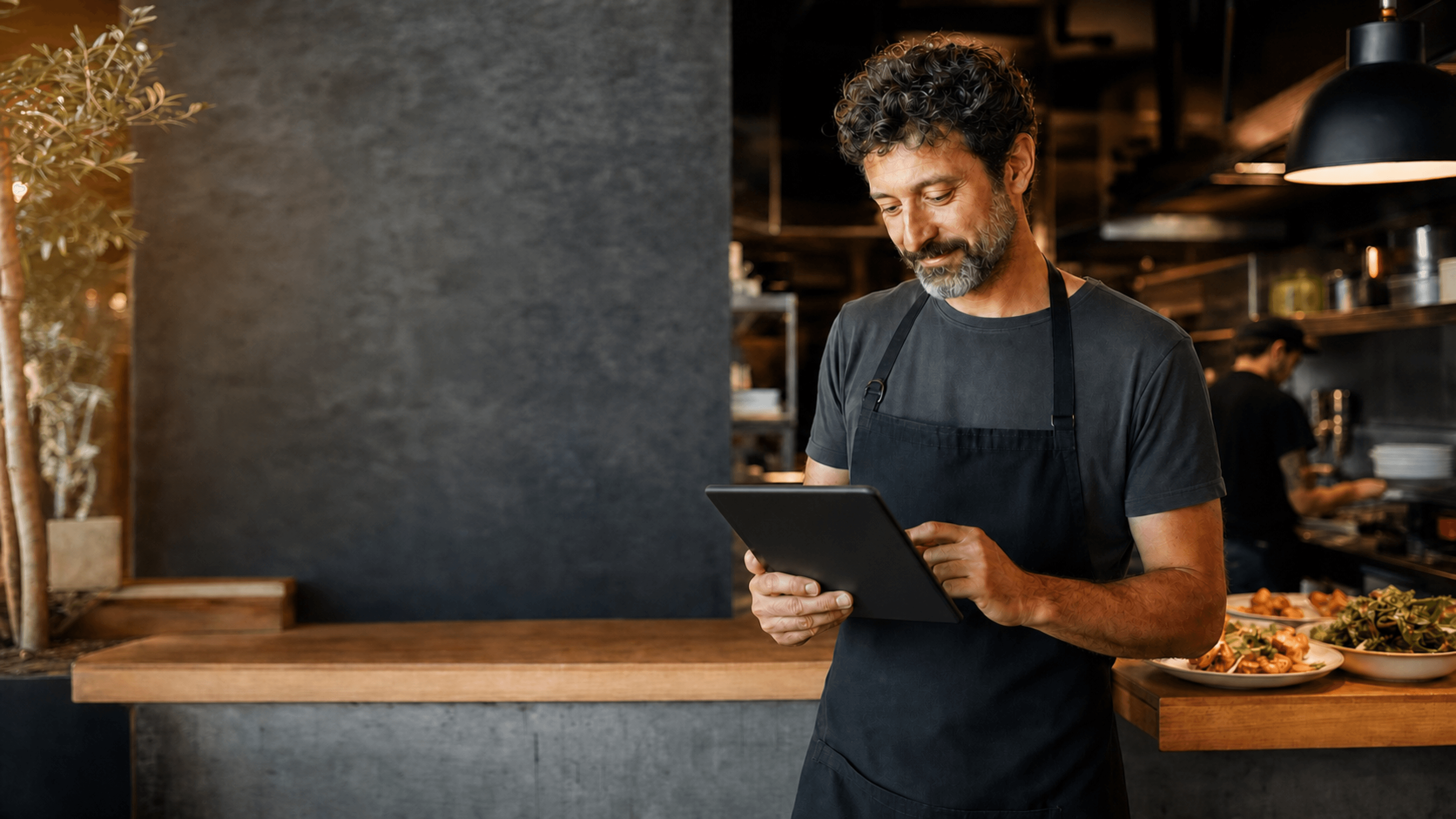 Restaurantinhaber prüft Bestellungen auf einem schwarzen Tablet