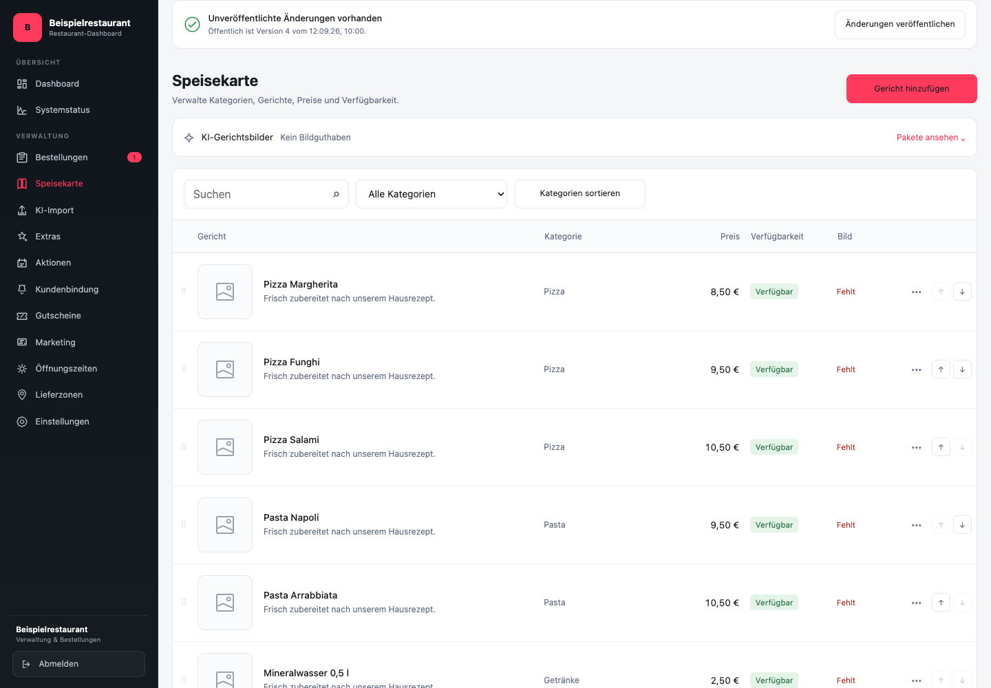 Current menu management with search field, category filter, dish list and publication status above the heading.
