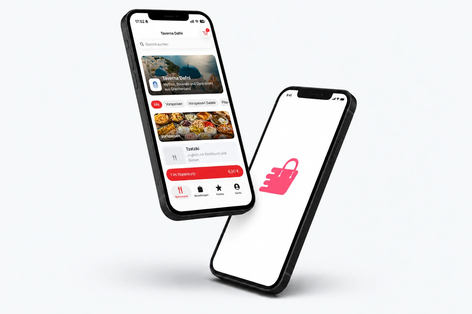 Taverna-Dafni-App mit Speisekarte und GastroSprint-Logo auf zwei iPhones