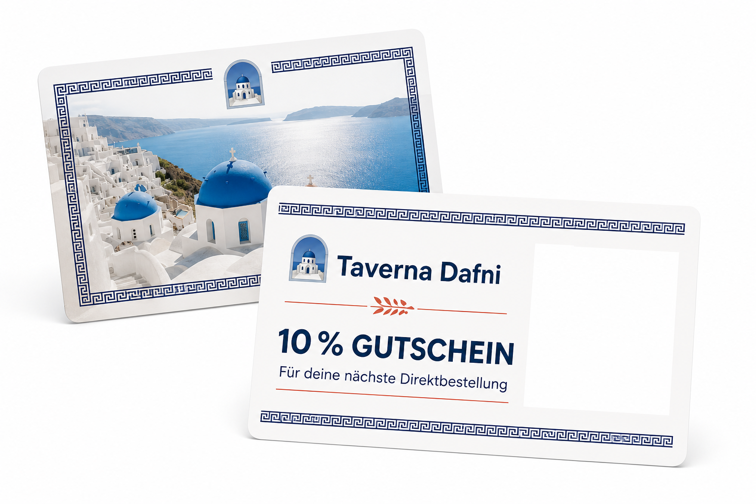 Taverna-Dafni-Gutscheinkarte mit 10-Prozent-Gutschein und QR-Code vor einer zweiten Karte mit Santorini-Motiv