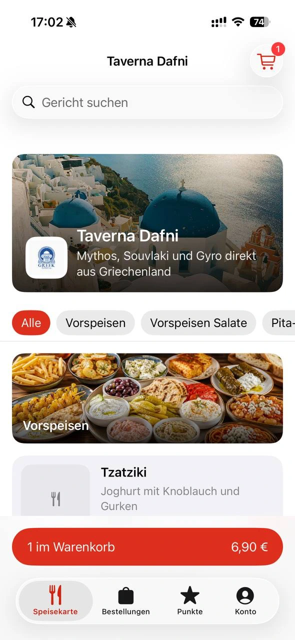 Taverna Dafni in der iOS-App mit Speisekarte, Warenkorb, Bestellungen, Punkten und Konto