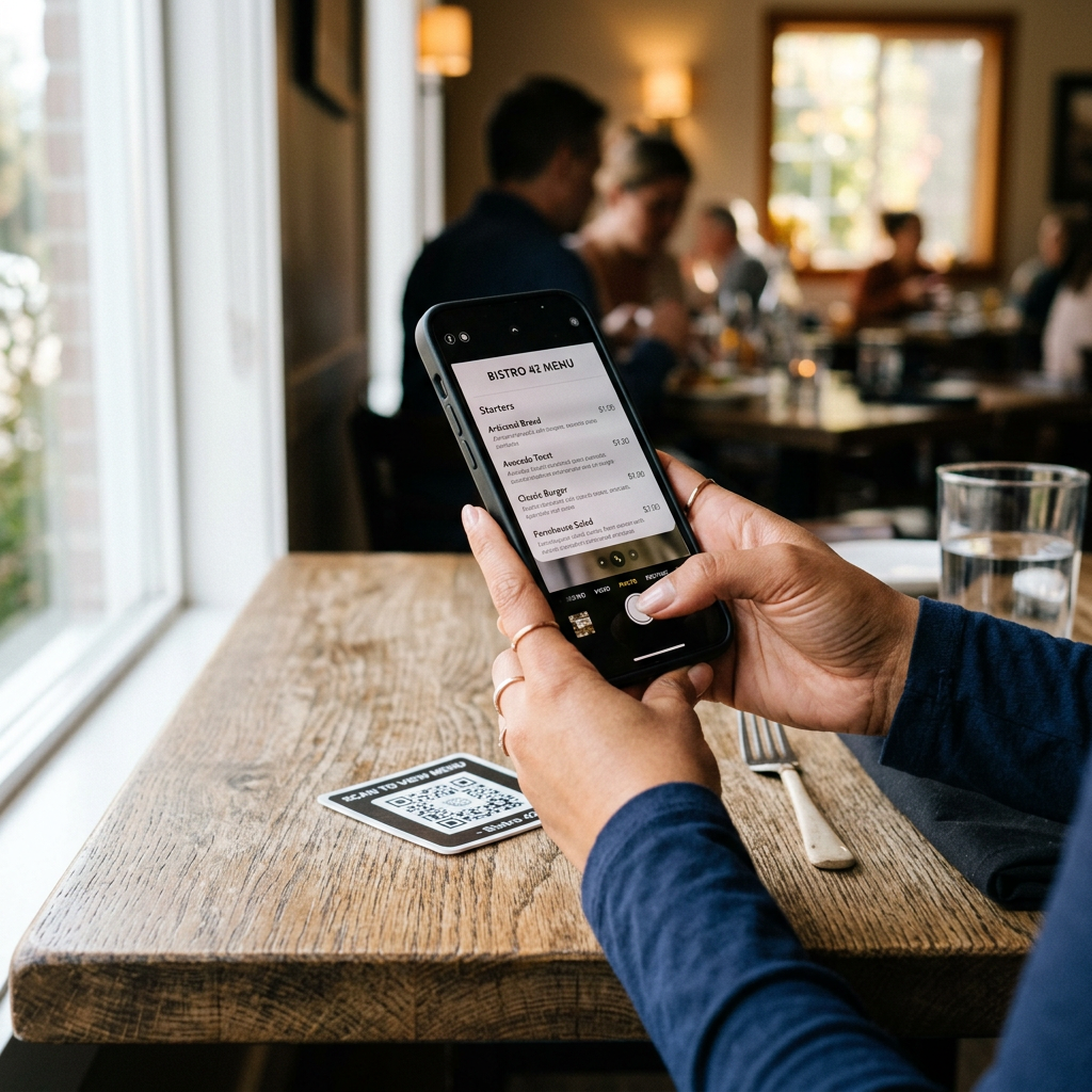 Restaurantgast scannt QR-Code auf dem Tisch für die digitale Bestellaufnahme