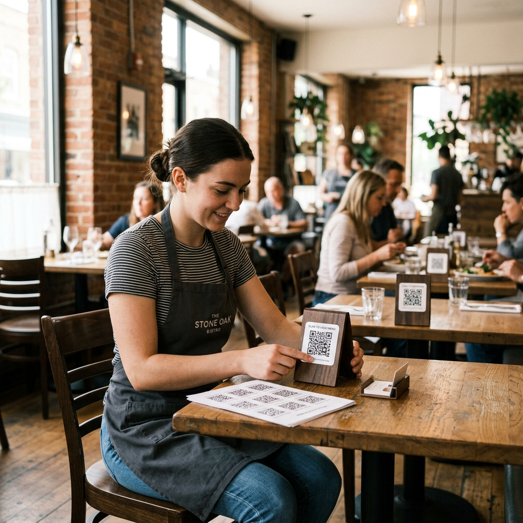 Restaurantmitarbeiter klebt neuen QR-Code-Aufkleber auf Tischaufsteller im Bistro