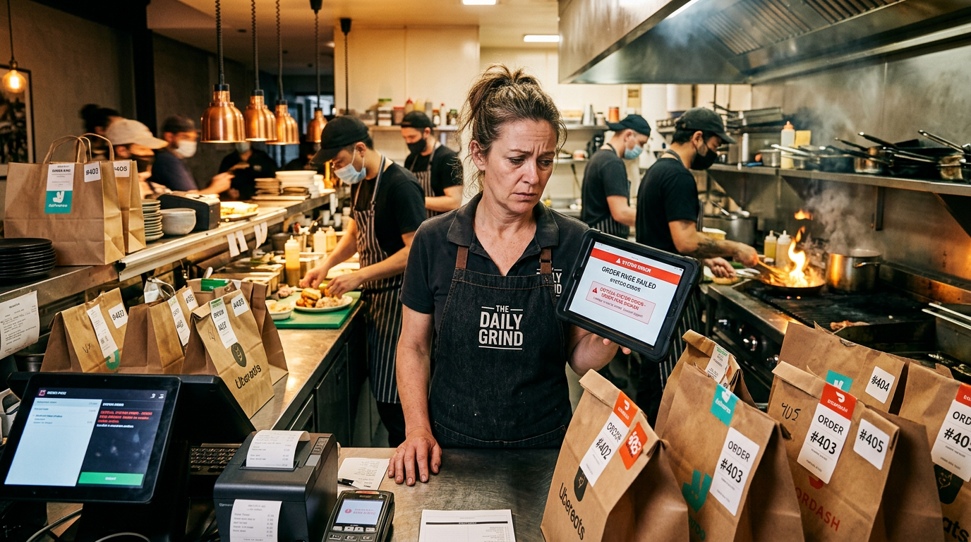 Restaurantbesitzer blickt besorgt auf Tablet mit nicht funktionierendem Bestellsystem