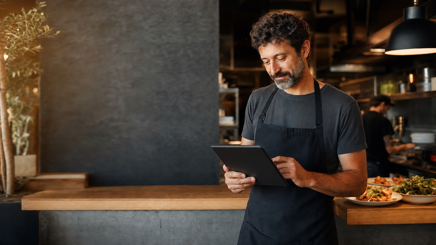 Restaurantinhaber prüft Bestellungen auf einem schwarzen Tablet