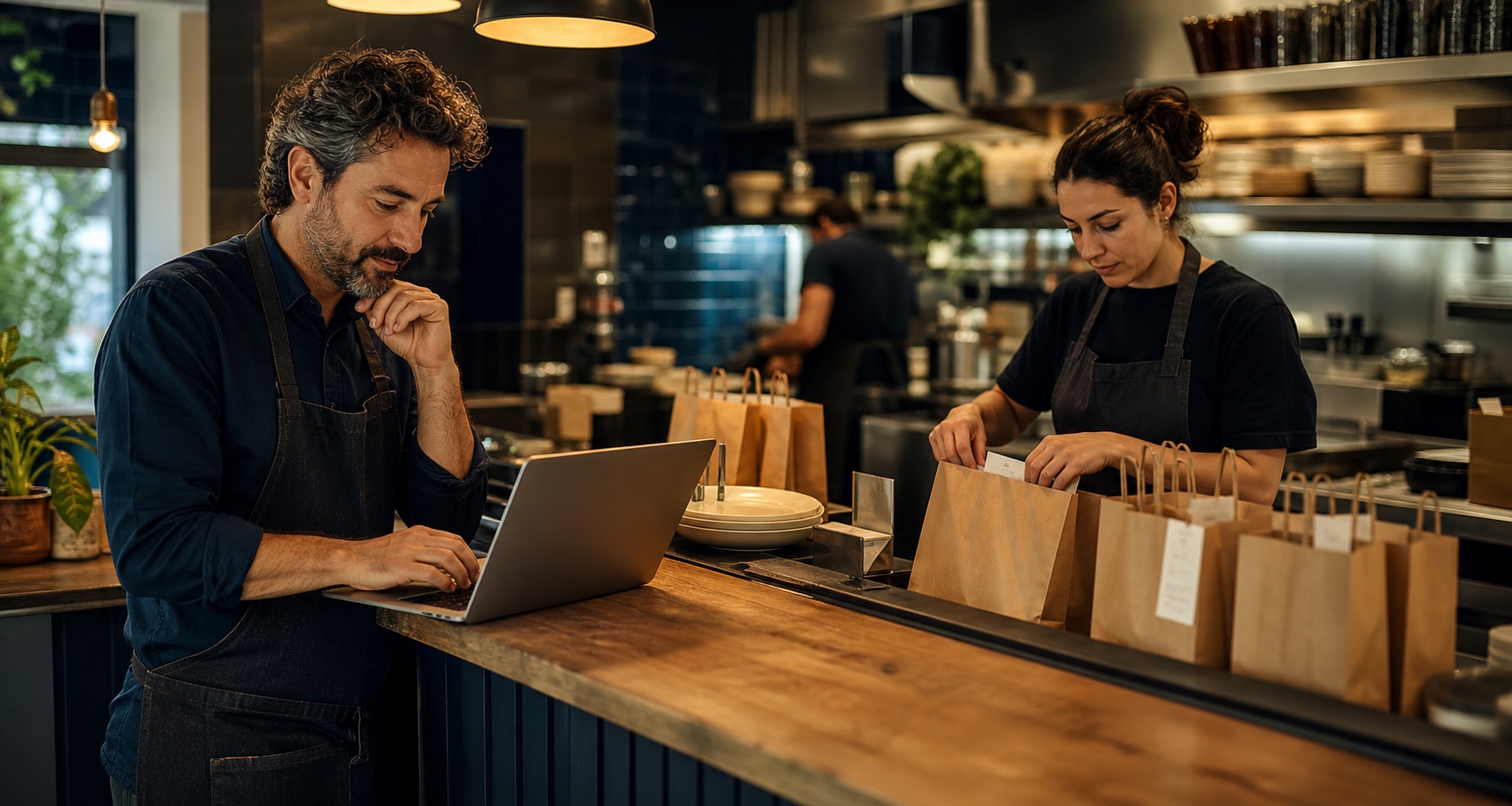 Restaurantteam bearbeitet eigene Online-Bestellungen am Laptop und verpackt Abholbestellungen