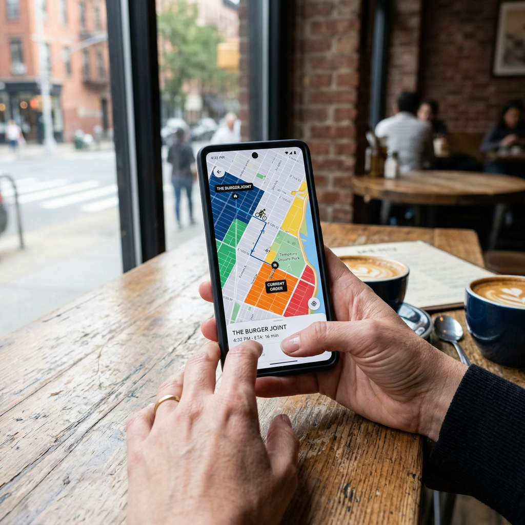 Smartphone mit farbig markierten Lieferzonen auf einer Stadtkarte in der Hand einer Person