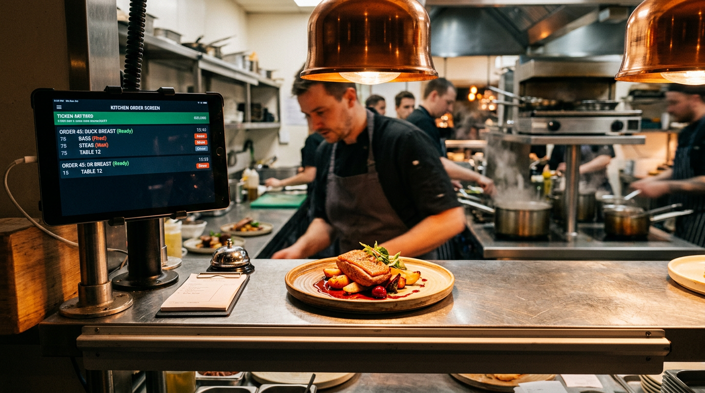 Fertig angerichtetes Gericht auf dem Pass eines Restaurantküche mit Tablet im Hintergrund