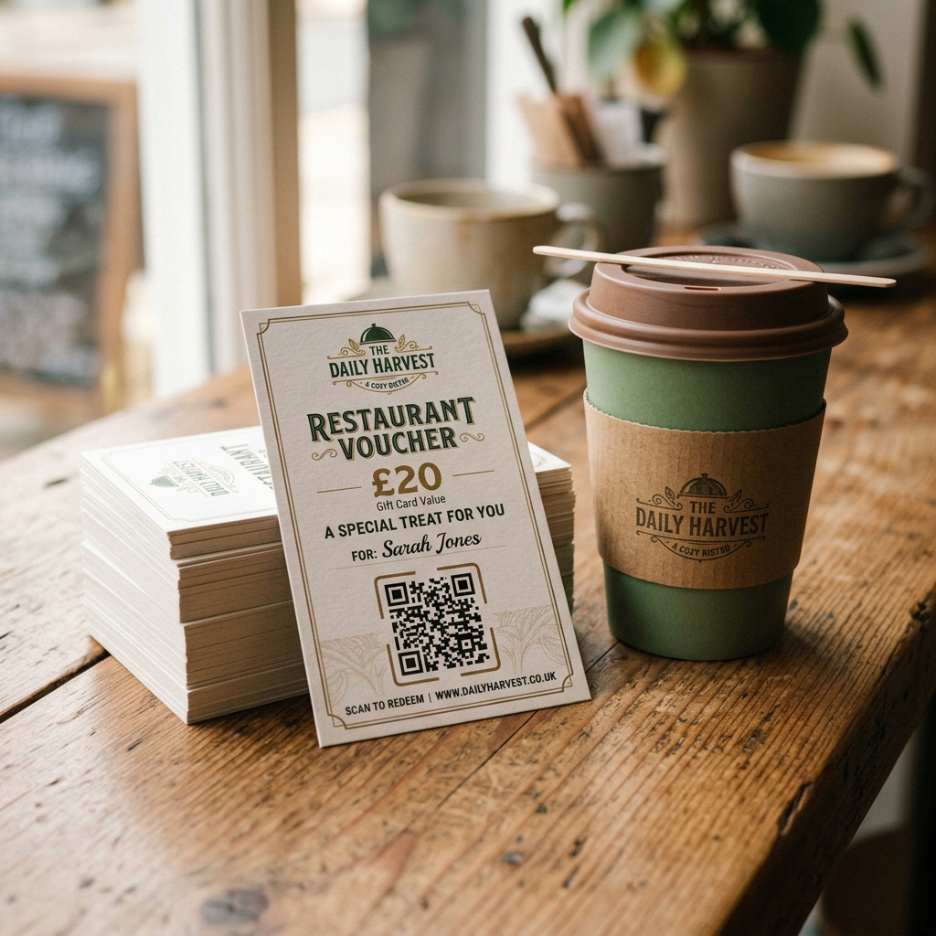 Personalisierte Gutscheinkarten mit QR-Codes auf Holzoberfläche
