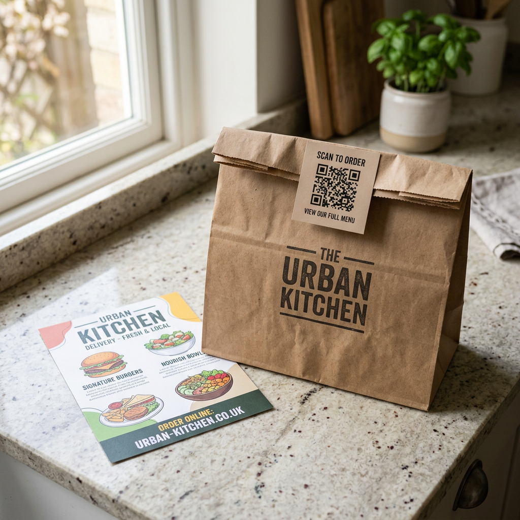 Lieferpaket mit Flyer und QR-Code-Karte auf Küchentheke