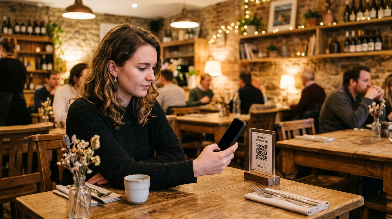 Restaurantgast scannt QR-Code am Tisch mit Smartphone