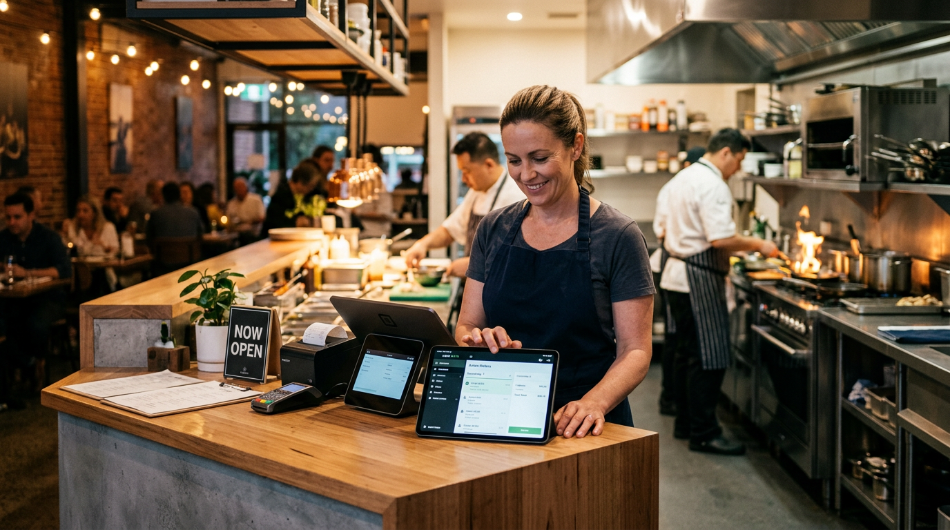 Restaurantbesitzer mit Tablet für eigenen Online-Bestellshop im Restaurant