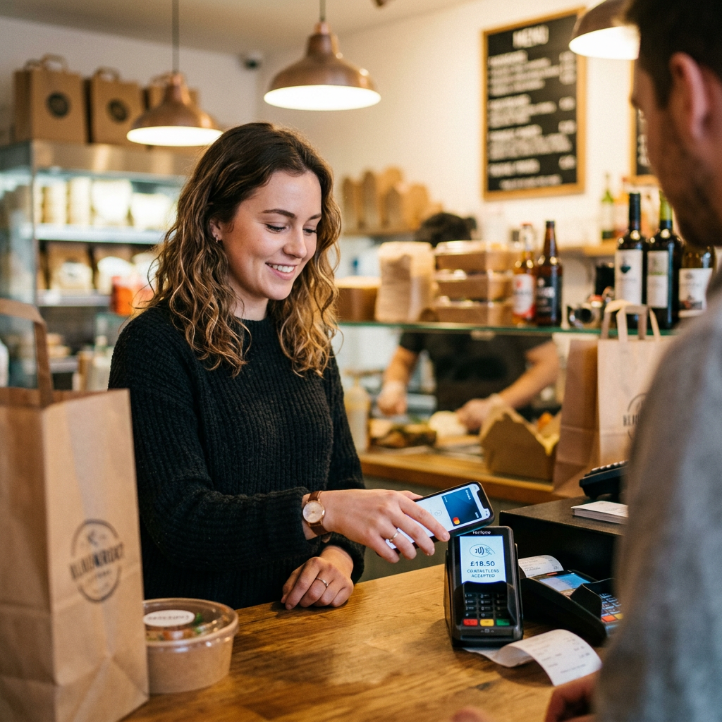 Kunde bezahlt kontaktlos per Smartphone an Restaurant-Kasse
