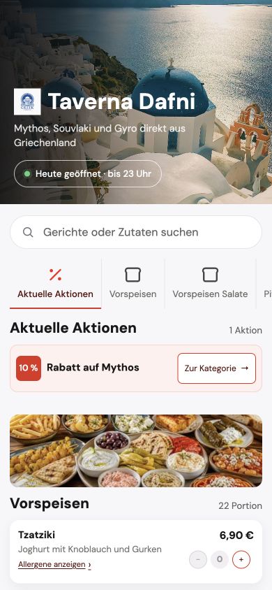 Mobiler Live-Bestellshop von Taverna Dafni mit Speisekarte und aktuellen Aktionen.