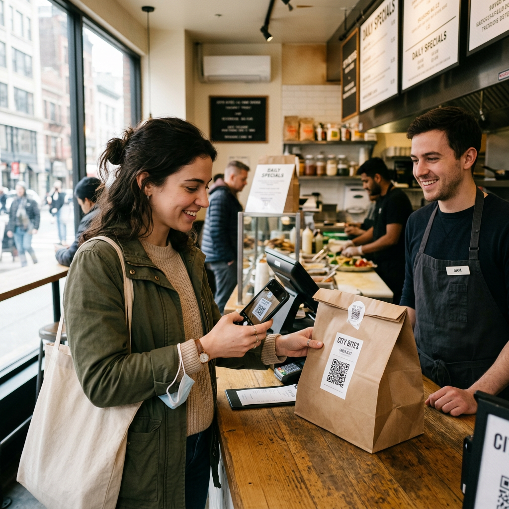Kunde scannt QR-Code auf Takeaway-Verpackung für eine Direktbestellung