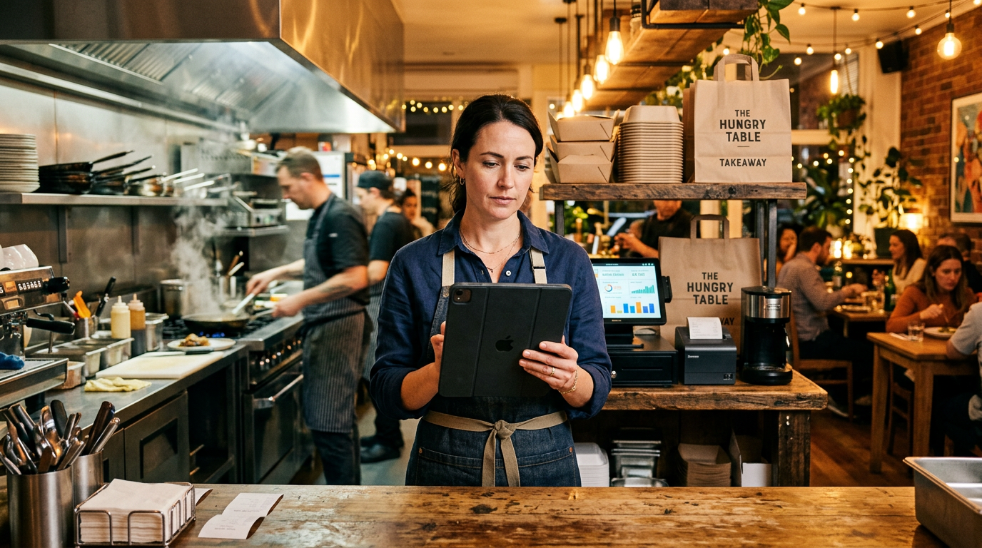 Restaurantbetreiber analysiert Bestelldaten auf einem Tablet in seiner Küche
